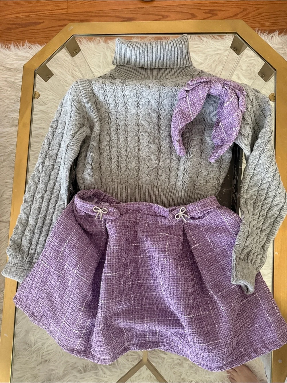Tahari Gray Cable Knit Sweater with Lavender Tweed Headband and Skirt